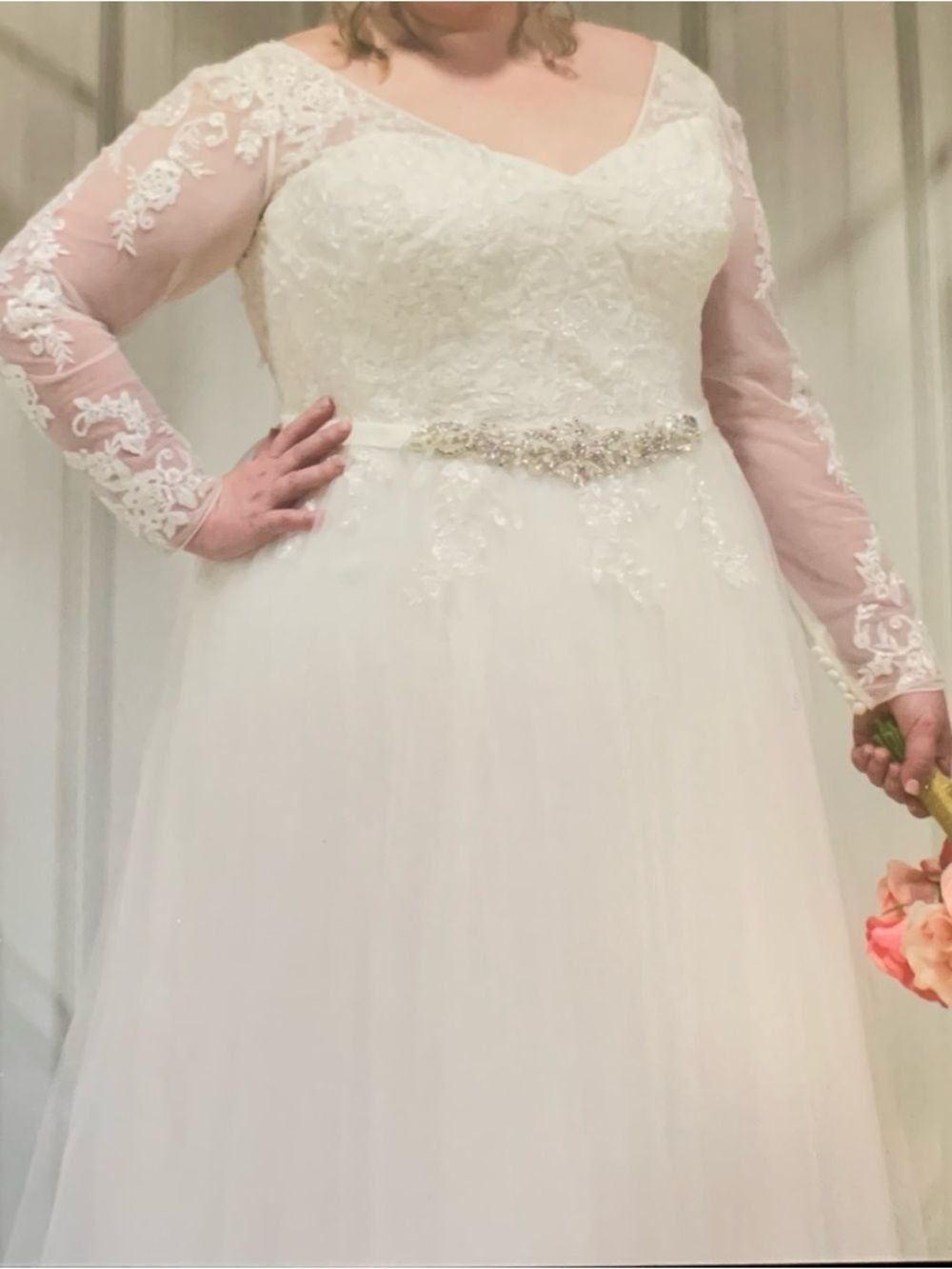 David’s Bridal A-line silhouette ivory color wedding dress with veil. Size 20W